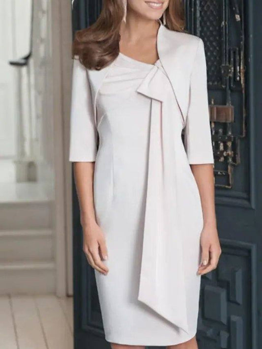 Sheath / Column Mother of the Bride Dress Elegant V Neck Knee Length Chiffon Half Sleeve with Bow(s) - RongMoon
