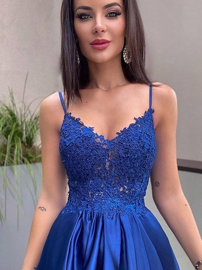 A-Line/Princess Applique Spaghetti Straps Satin Sleeveless Floor-Length Dresses - RongMoon