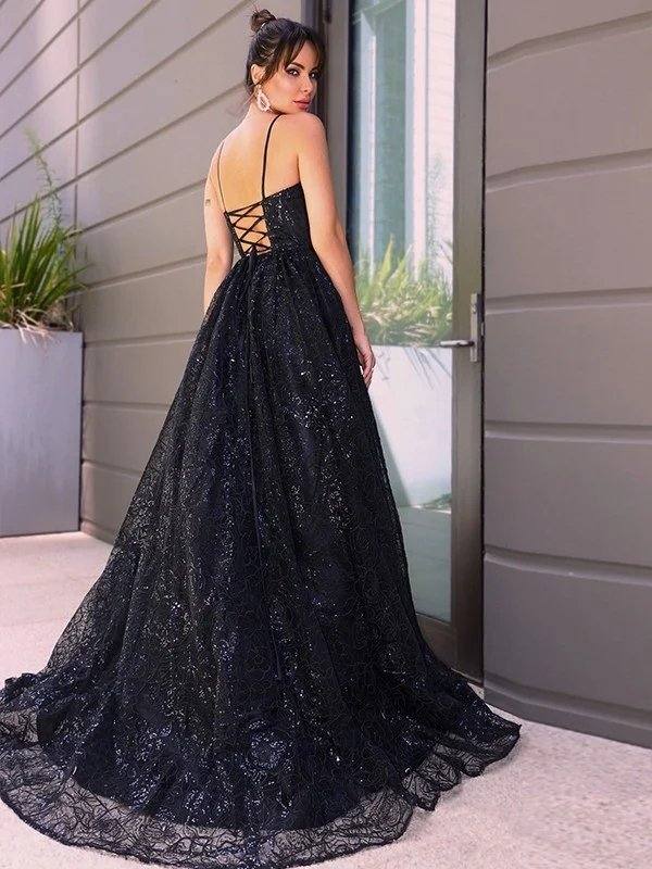 A-Line/Princess V-neck Sequins Sleeveless Sequin Sweep/Brush Train Dresses - RongMoon
