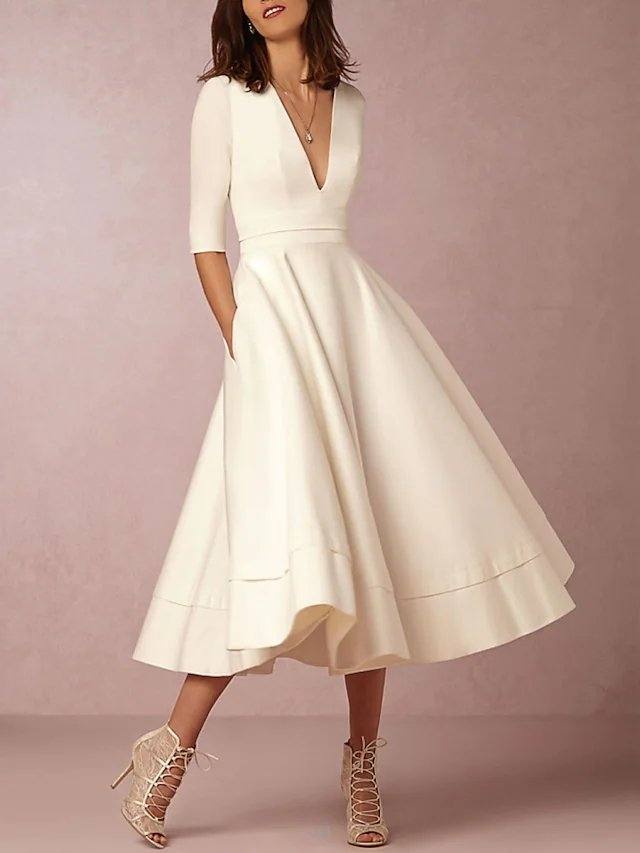 A-Line Wedding Dresses V Neck Tea Length Satin Half Sleeve Simple Casual Vintage Little White Dress 1950s - RongMoon