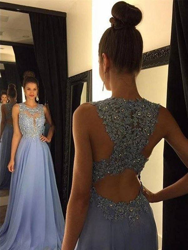 A-Line/Princess Sleeveless Applique Chiffon Scoop Sweep/Brush Train Dresses - RongMoon