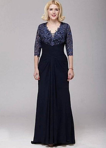 Navy Blue Mother Of The Bride Dresses A-line V-neck 3/4 Sleeves Chiffon Lace Beaded Groom Long Mother Dresses For Wedding - RongMoon