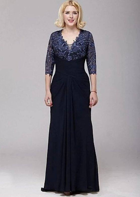 Navy Blue Mother Of The Bride Dresses A-line V-neck 3/4 Sleeves Chiffon Lace Beaded Groom Long Mother Dresses For Wedding - RongMoon