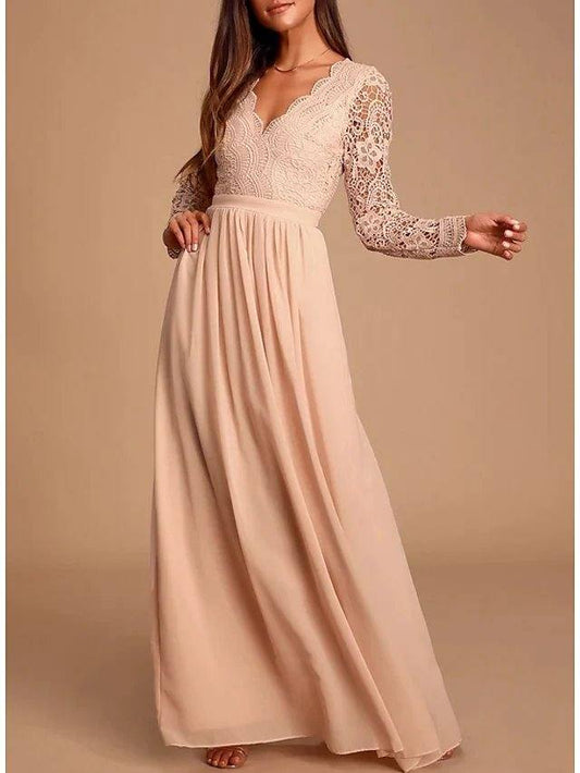A-Line Plunging Neck Floor Length Chiffon / Lace Bridesmaid Dress with Lace / Pleats - RongMoon