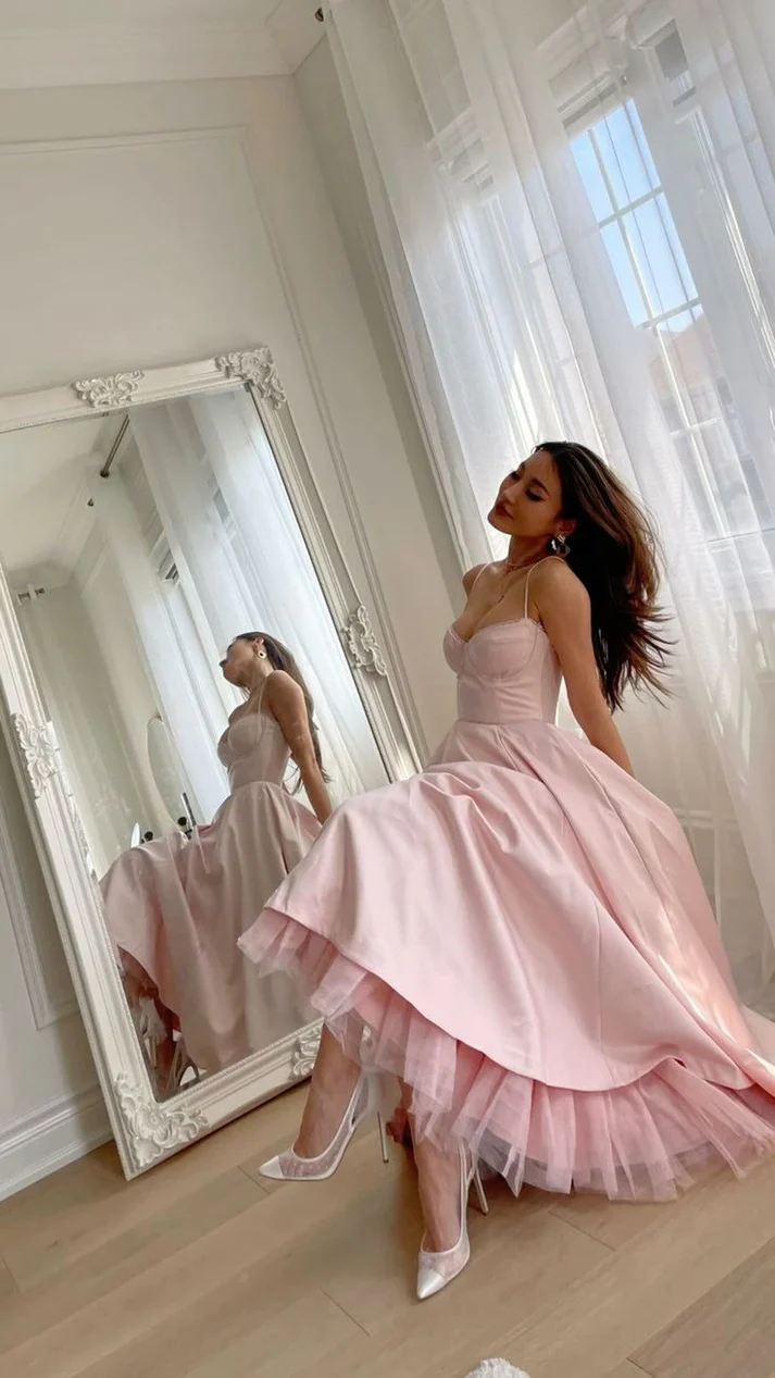 Simple Spaghetti Straps Pink A Line Satin Prom Dresses Party Dress cc2166