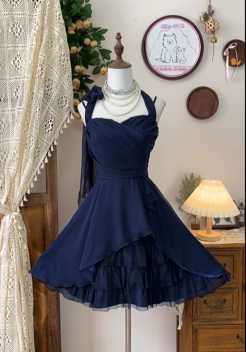 Pretty Halter Chiffon Tulle ALine Short Birthday Outfits Navy Blue Homecoming Dress cc3103