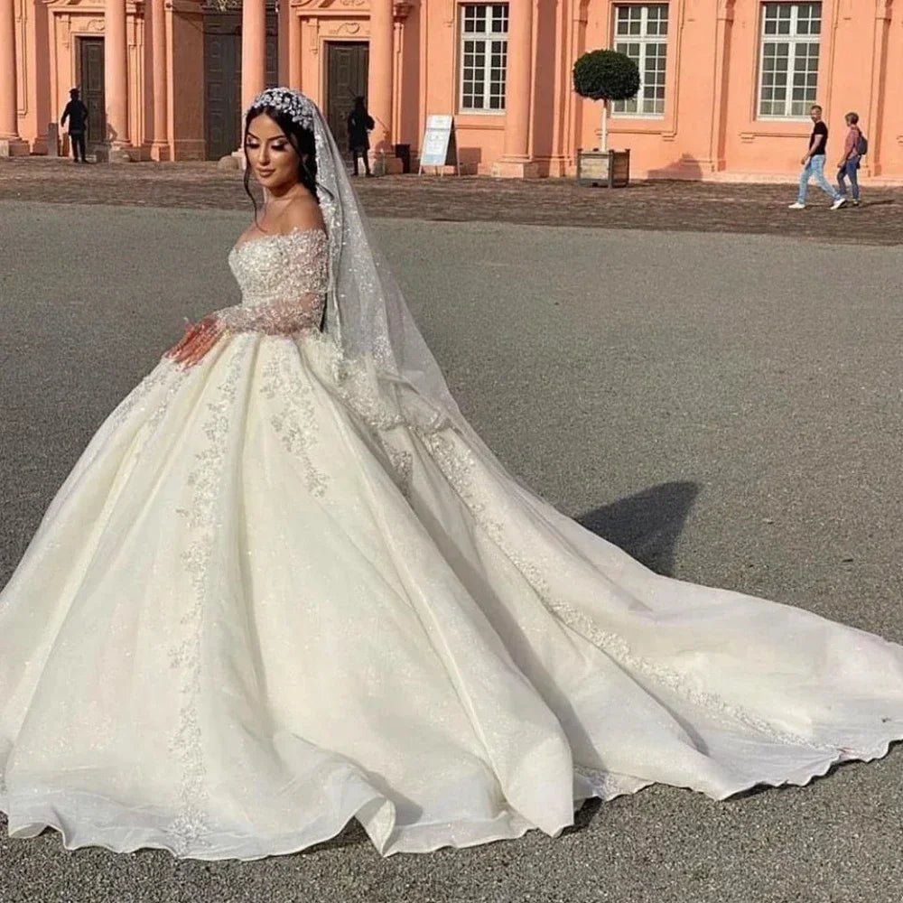 On Zhu Customized Off The Shoulder Sparkly Sequins Wedding Dresses V-neck Bride Gown Ball Gown Long Robe