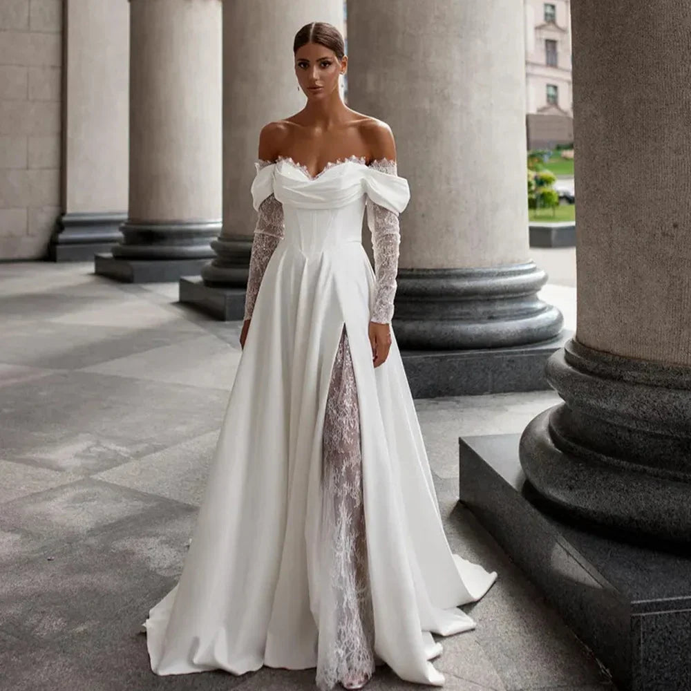 Princess Off The Shoulder Long Sleeves Sweetheart Lace Applique Boho Beach A Line Wedding Dresses
