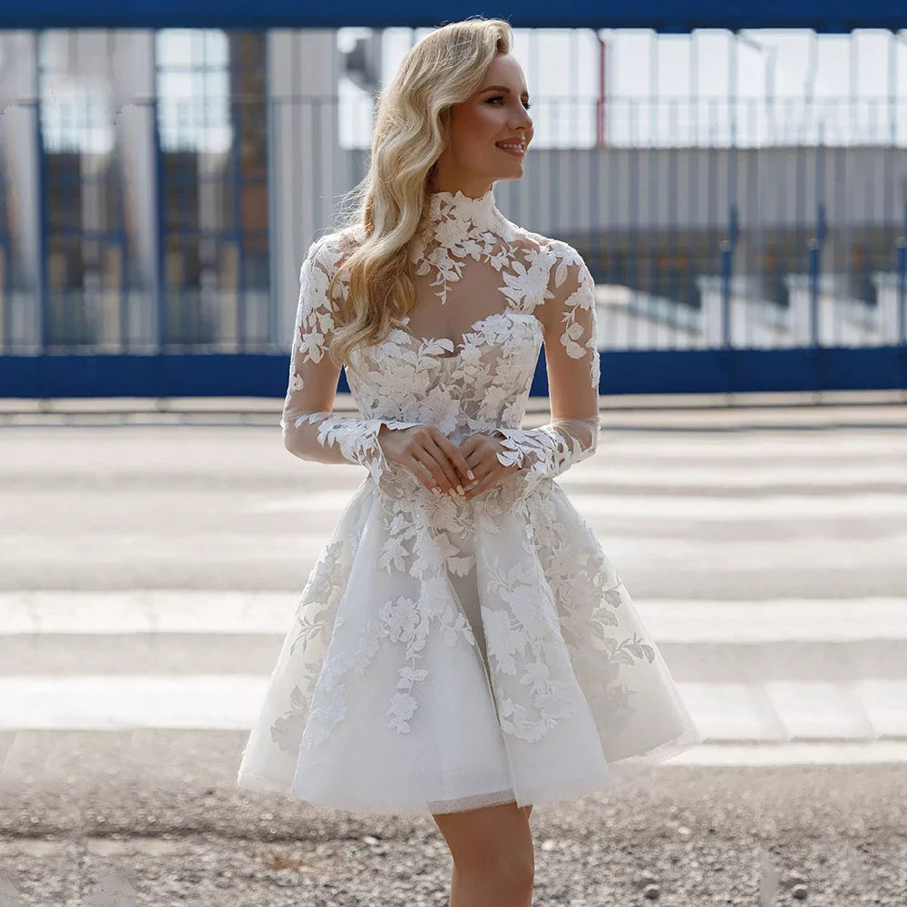 Charming Short Wedding Dress Illusion Applique A-Line Gowns