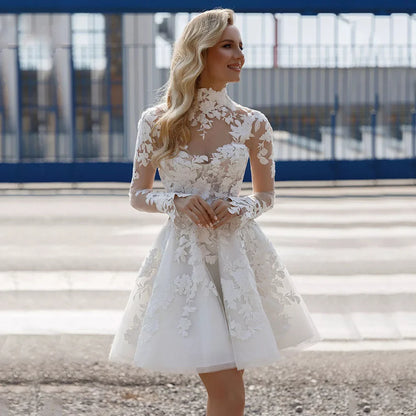 Charming Short Wedding Dress Illusion Applique A-Line Gowns