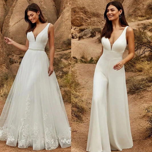 2 In 1 Wedding Jumpsuit With Detachable Skirt Bridal Dress