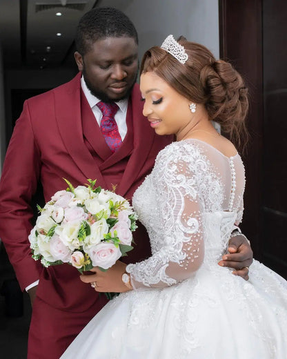 Customized African Women Ball Gown Wedding Dress Elegant Long Sleeves Lace