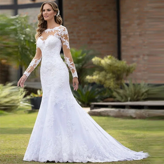 Longsleeve Mermaid Wedding Dresses Luxury Lace Chapel Train Gown Sexy Button Back Vestidos De Fiesta