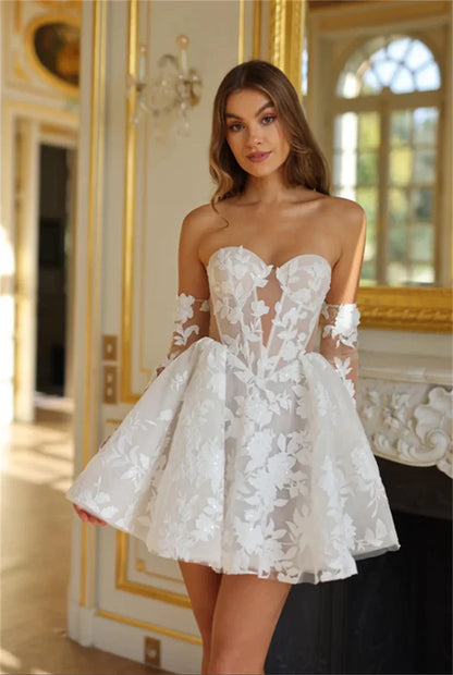 Cathy White Lace Appliques Mini Corset Wedding Dress After Party Dresses