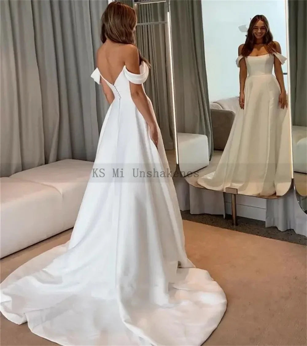 Simple Civil Wedding Dresses Off the Shoulder Sleeveless Dress