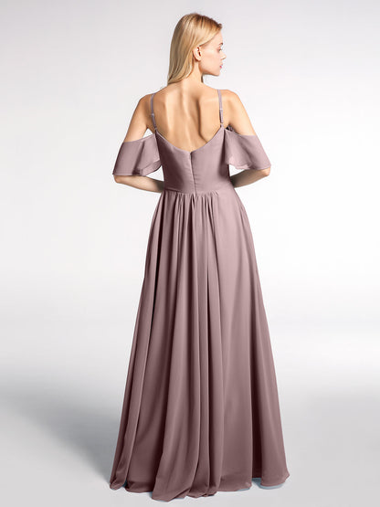 Cold-Shoulder Chiffon Empire Dress with Pockets-Vintage Mauve