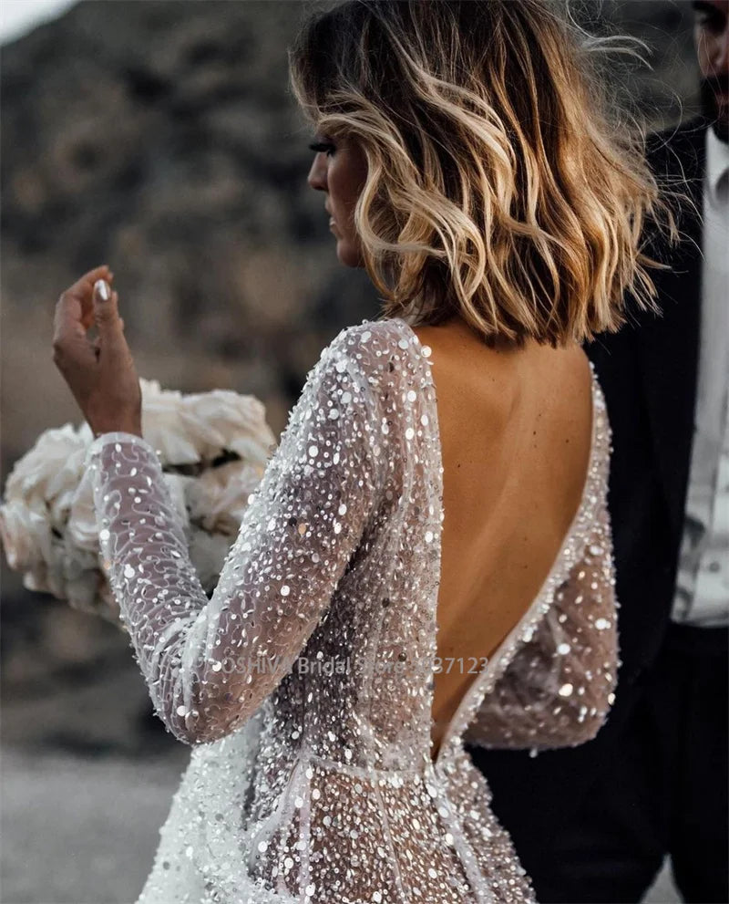 Mordern V- Neck Sequins Wedding Dresses Long Sleeves Gowns