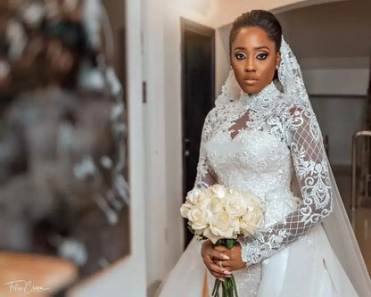 Sexy Lace Mermaid Wedding Dresses Beaded High Neck Gowns