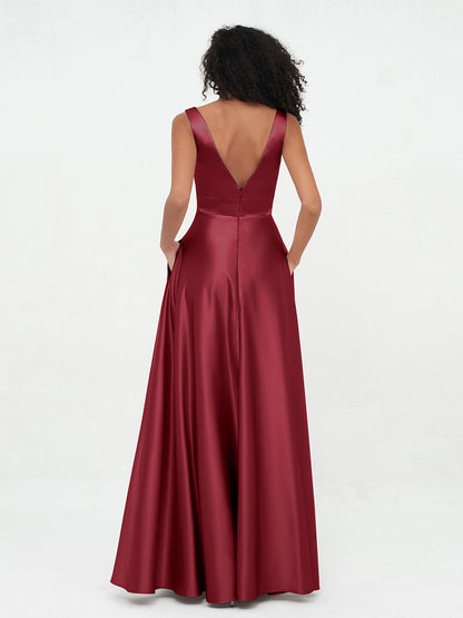 Princess V-neck Satin Max Dresses with Pockets-Burgundy