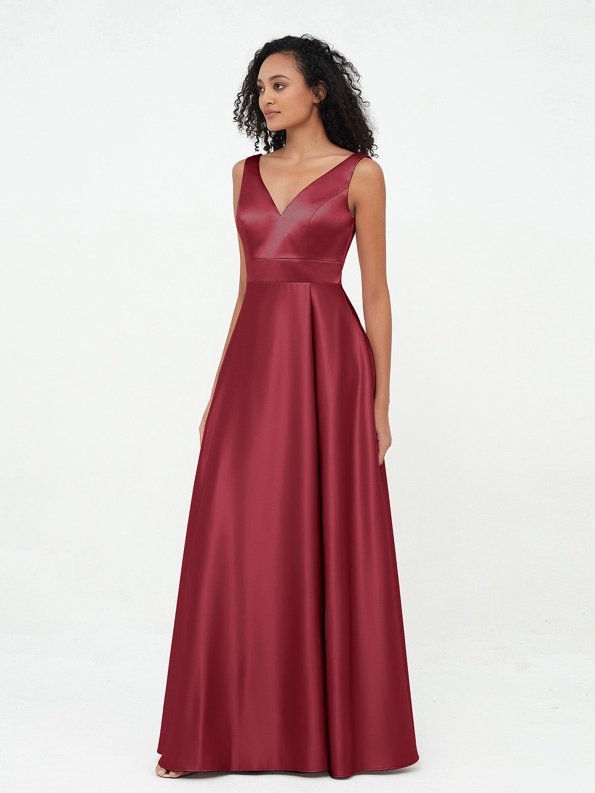 Princess V-neck Satin Max Dresses with Pockets-Burgundy