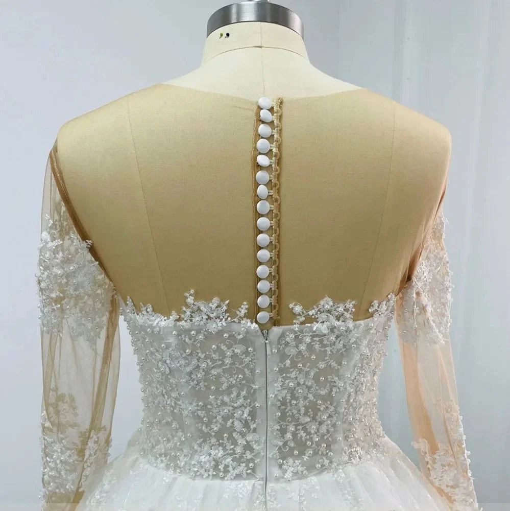 Customized Elegant Wedding Dress Illusion Neck Long Sleeves Lace Appliques Pearls Beads Bride Gowns