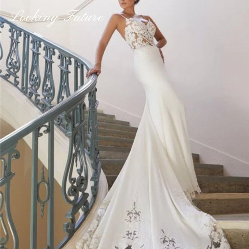 Customized Morden Lace Satin Mermaid Wedding Dresses Sleeveless Bridal Gown Simple Long Train