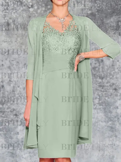 Two Piece Ruffle Chiffon Mother of the Bride Outfit Lace Short Wedding Guest Dress