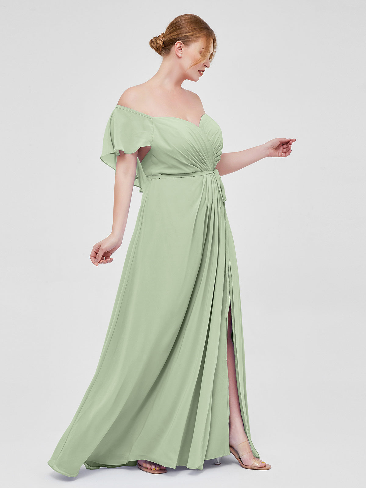 Cap Sleeves Chiffon Bridesmaid Dresses with Slit Dusty Sage Plus Size