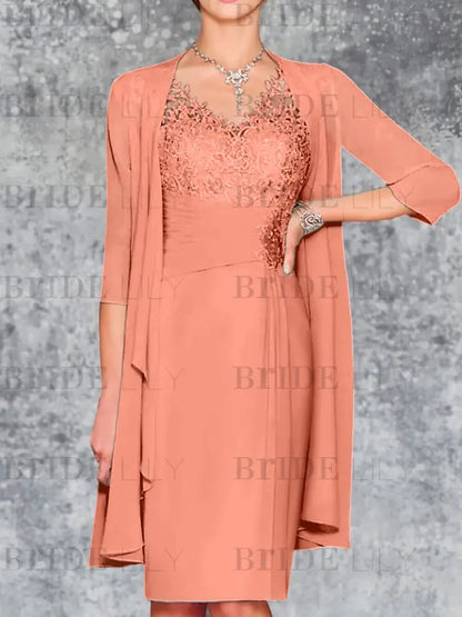 Two Piece Ruffle Chiffon Mother of the Bride Outfit Lace Short Wedding Guest Dress
