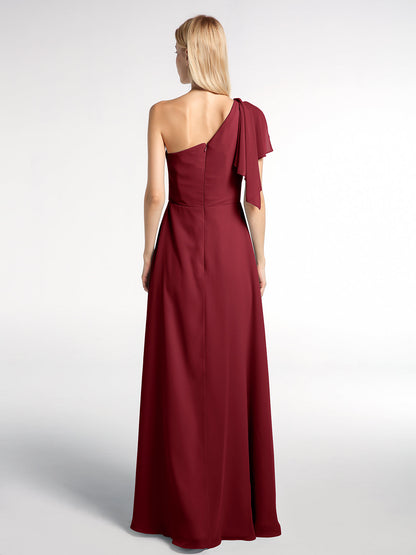 One Shoulder Chiffon Maxi Dress with Cascade-Burgundy