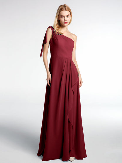 One Shoulder Chiffon Maxi Dress with Cascade-Burgundy