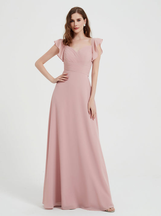 Sweetheart Flutter Sleeves Chiffon Dress Dusty Rose