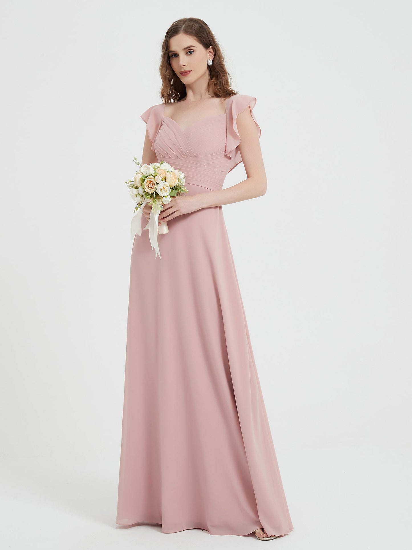 Sweetheart Flutter Sleeves Chiffon Dress Dusty Rose