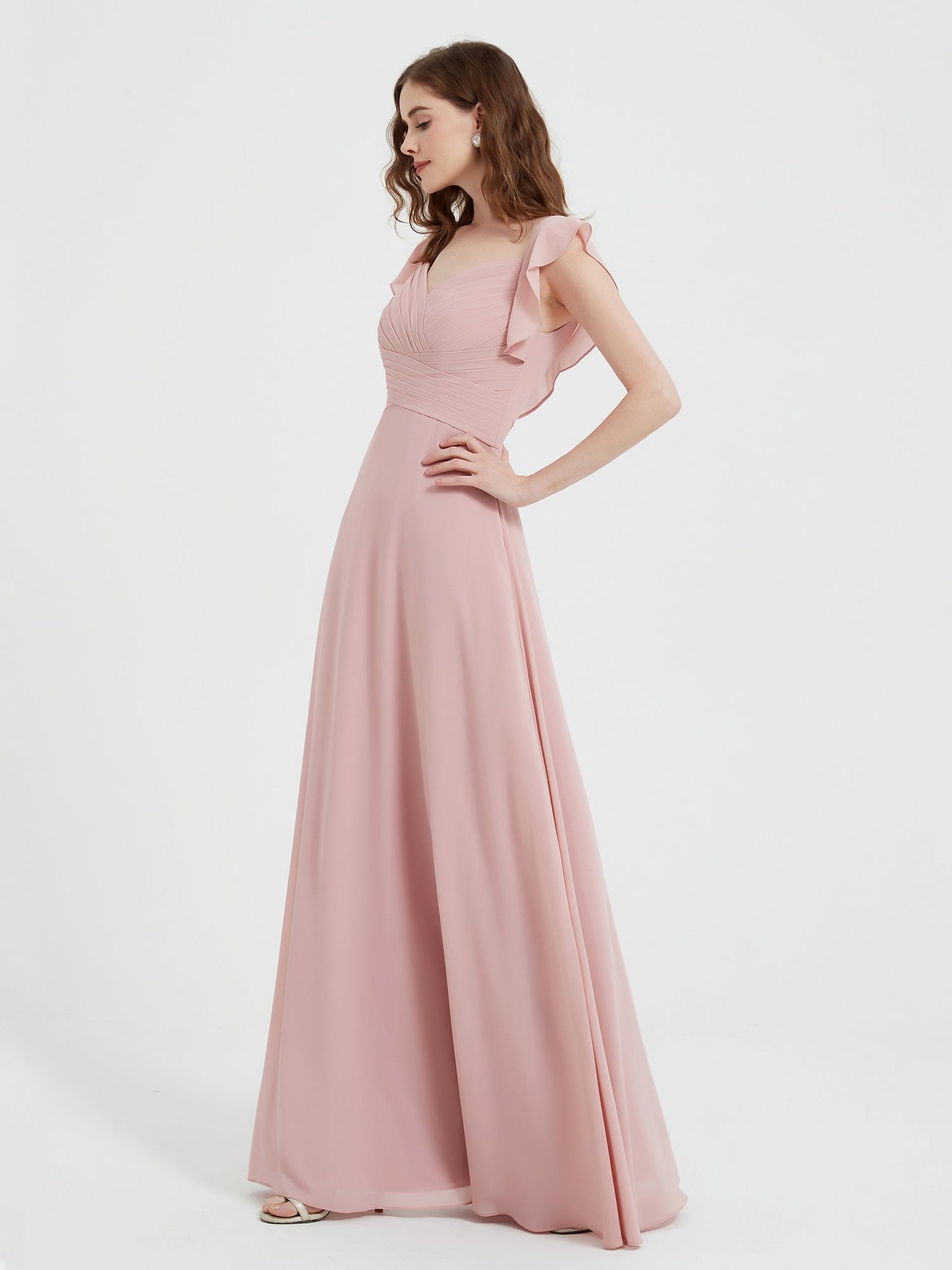 Sweetheart Flutter Sleeves Chiffon Dress Dusty Rose