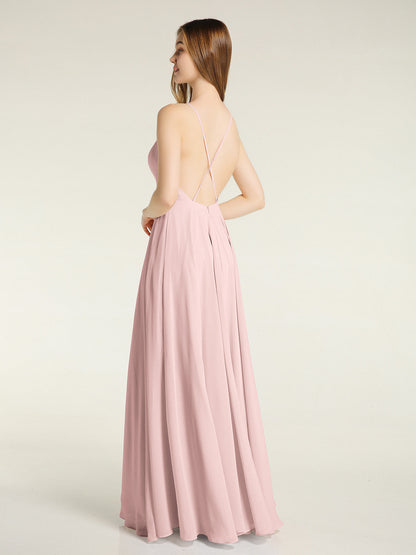 Low Back Simple Chiffon Birdesmaid Dresses-Dusty Rose