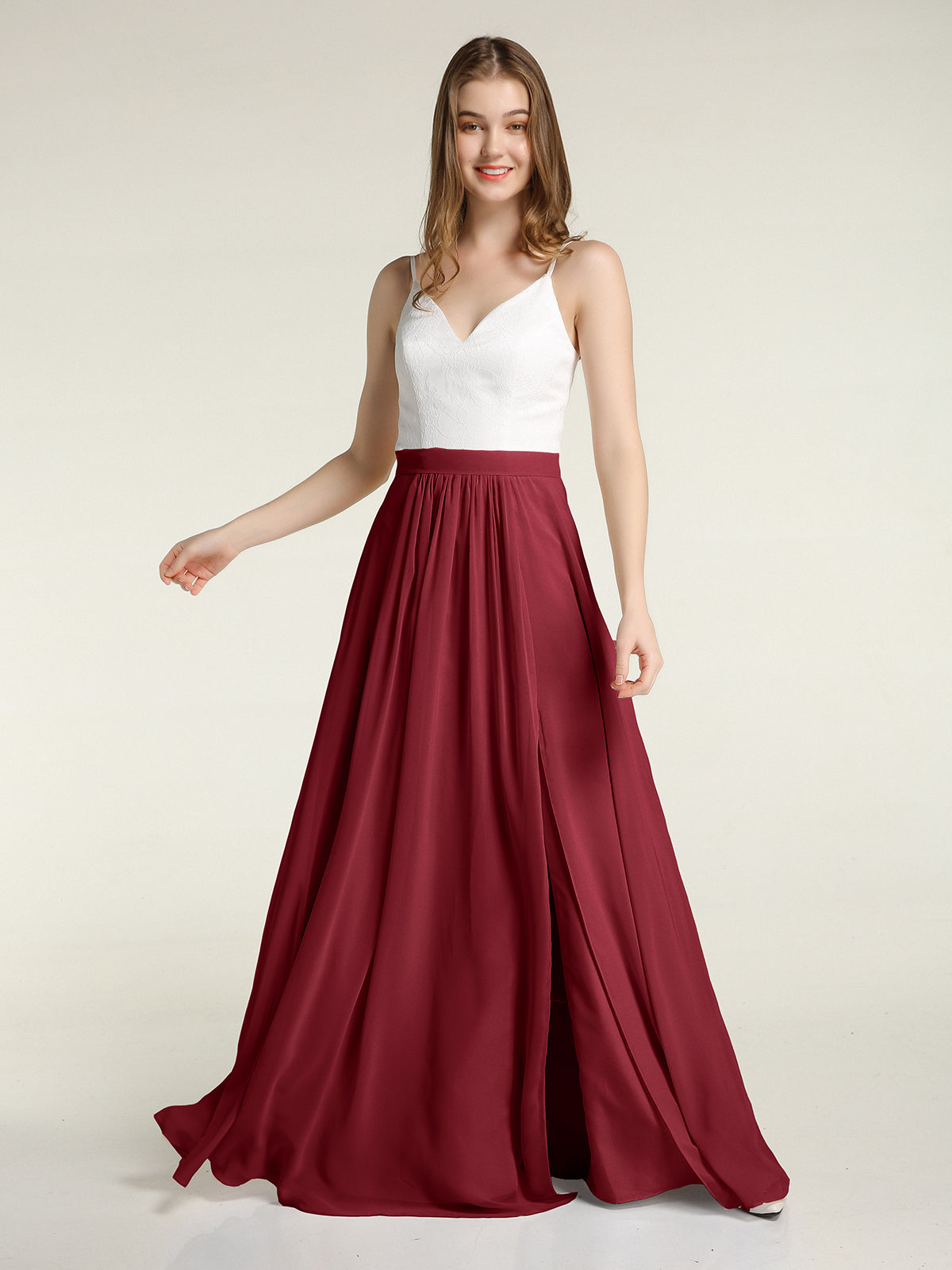 Ivory Lace Bodice Chiffon Skit Dresses with Slit-Burgundy