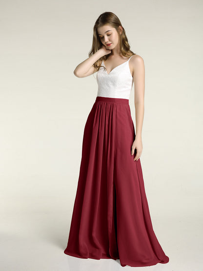 Ivory Lace Bodice Chiffon Skit Dresses with Slit-Burgundy