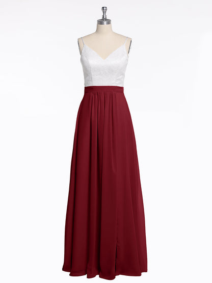 Ivory Lace Bodice Chiffon Skit Dresses with Slit-Burgundy