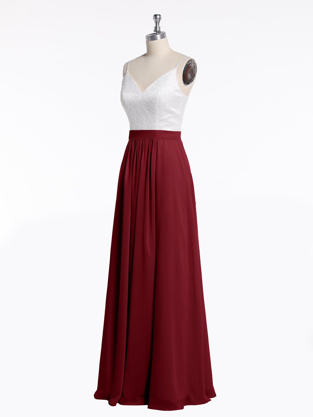 Ivory Lace Bodice Chiffon Skit Dresses with Slit-Burgundy