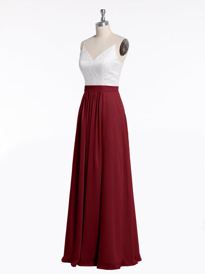 Ivory Lace Bodice Chiffon Skit Dresses with Slit-Burgundy
