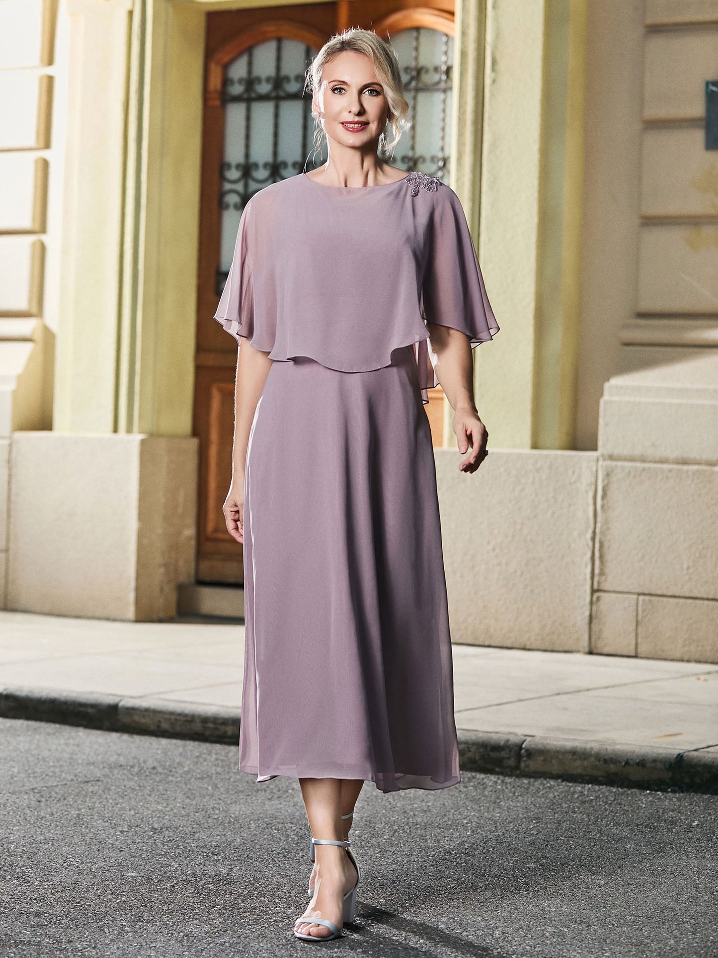 Cap Sleeve A-line Chiffon Tea-length Dress Dusk