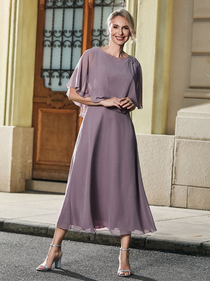 Cap Sleeve A-line Chiffon Tea-length Dress Dusk