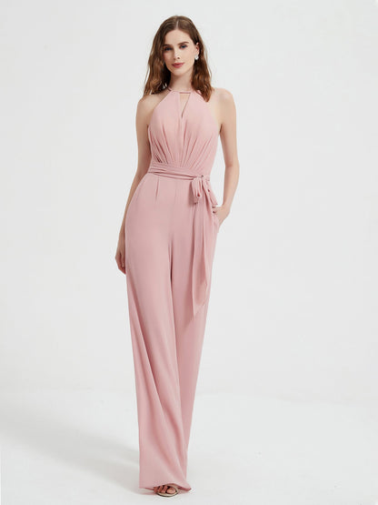Halter Neckline Sleeveless Pleated Jumpsuit With Sash Dusty Rose