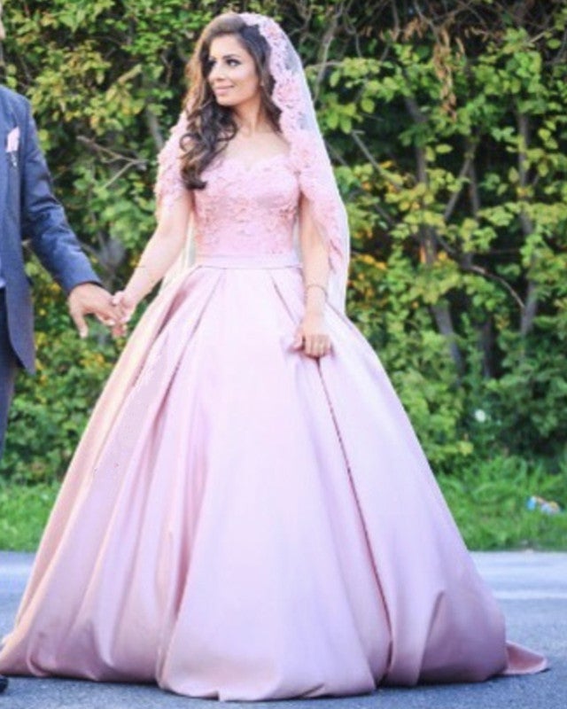 Satin Off Shoulder Ball Gown Wedding Dresses Lace Appliques