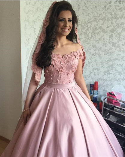 Satin Off Shoulder Ball Gown Wedding Dresses Lace Appliques