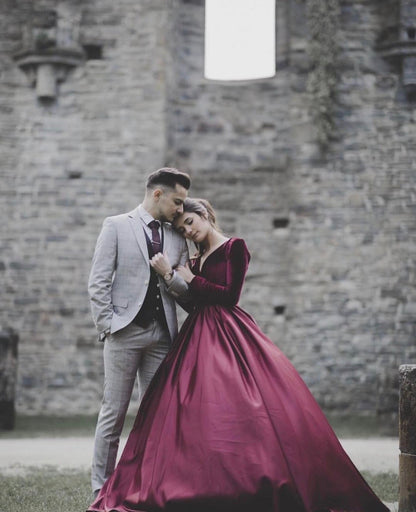 Satin Wedding Ball Gown Dress With Velvet Long Sleeves