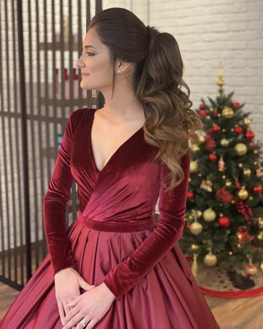 Satin Wedding Ball Gown Dress With Velvet Long Sleeves