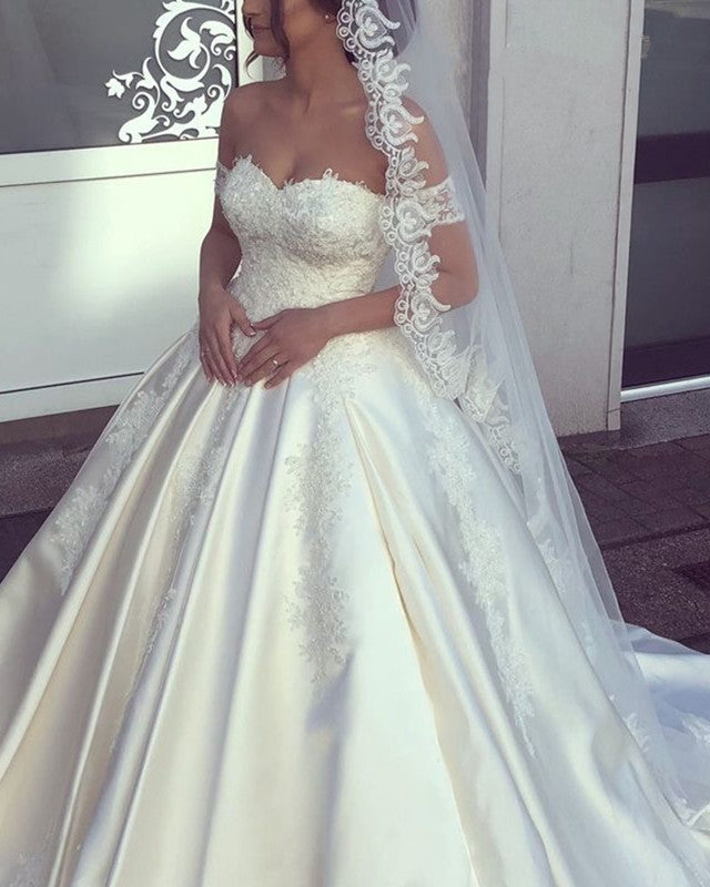 Ball Gown Satin Princess Wedding Dresses Appliques Off Shoulder