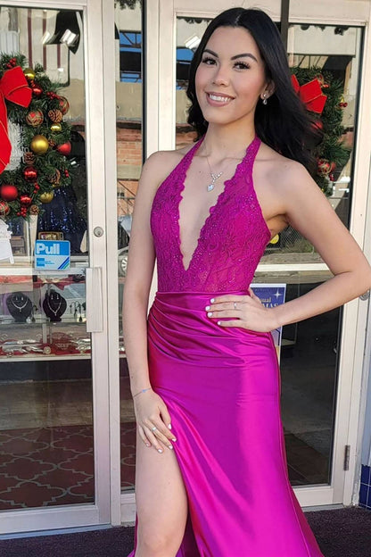 Satin Halter Sheath Ruched Long Prom Dress with High Slit