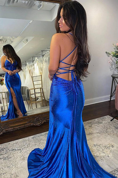 Satin Spaghetti Straps Mermaid Applique Long Prom Dress